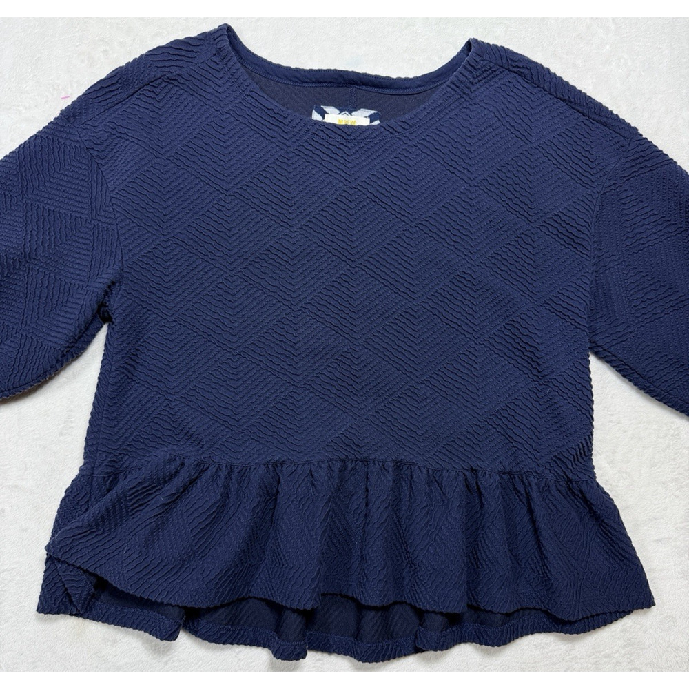 Maeve by Anthropologie Mikayla Peplum Top Sz LG Navy Blue Textured Diamond Knit